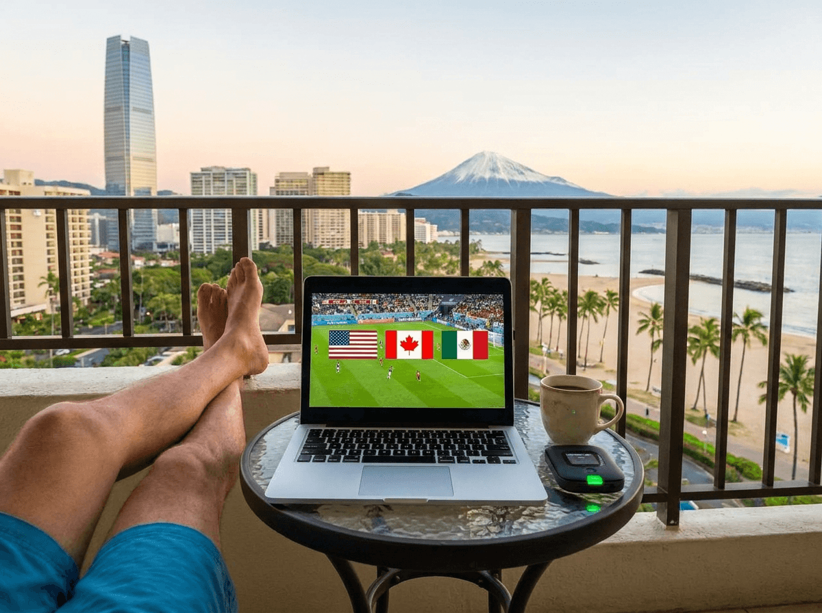 World Cup 2026 stadium with streaming app on phone